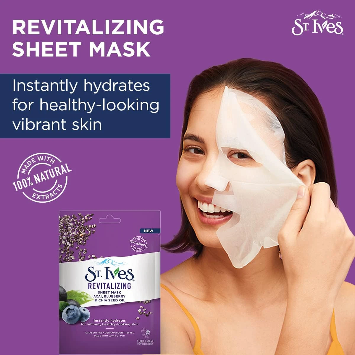 St. Ives Revitalizing Sheet Mask – Acai, Blueberry & Chia Seed Oil (Pack of 5)